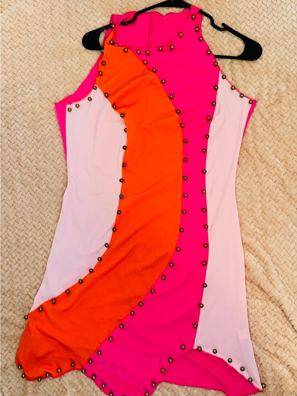 Bold Colorblock Studded Mini Dress - Hot Pink, Orange, Pale Pink